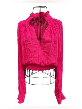 FP ONE Women’s Hot Pink Smocked Neck Long Sleeve Top